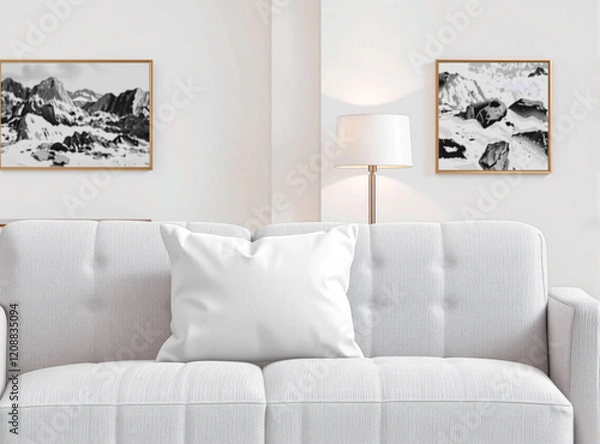 Fototapeta A blank pillow on a modern sofa, surrounded by an elegant minimalist living room backdrop. The clean and soft fabric surface is perfect for mockup design applications.