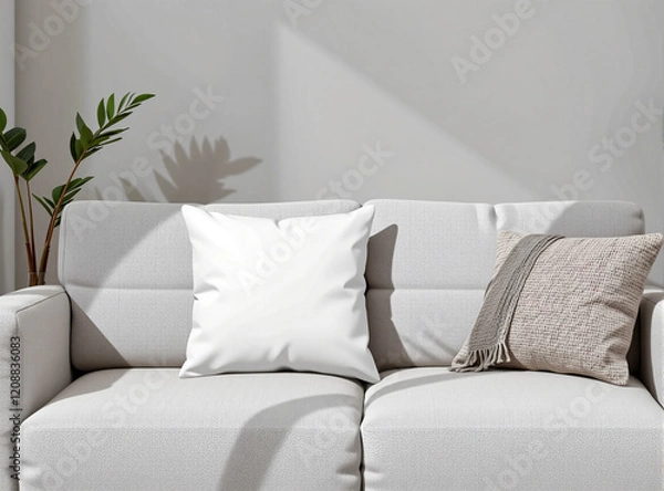 Fototapeta A cozy, minimalist living room featuring a blank pillow on a modern sofa, with soft lighting creating a calm, welcoming atmosphere perfect for custom design mockups.