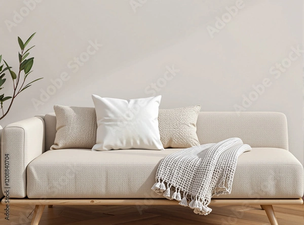 Fototapeta A blank pillow placed on a daybed in a minimalist setting with soft, neutral tones, creating the perfect mockup for product branding or design projects.