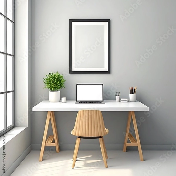 Fototapeta Frame mockup, ISO A paper size Elegant Living Room Design.  Frame mockup, ISO A paper size. Living room wall poster mockup. Interior mockup with house background. Modern interior design. 3D render