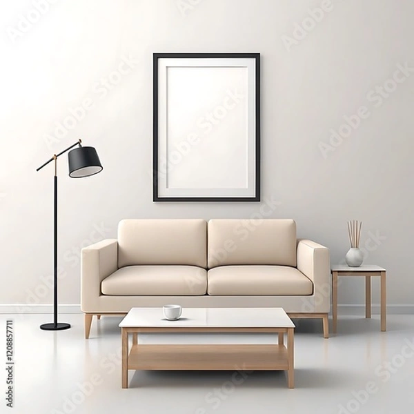 Fototapeta Frame mockup, ISO A paper size Elegant Living Room Design.  Frame mockup, ISO A paper size. Living room wall poster mockup. Interior mockup with house background. Modern interior design. 3D render