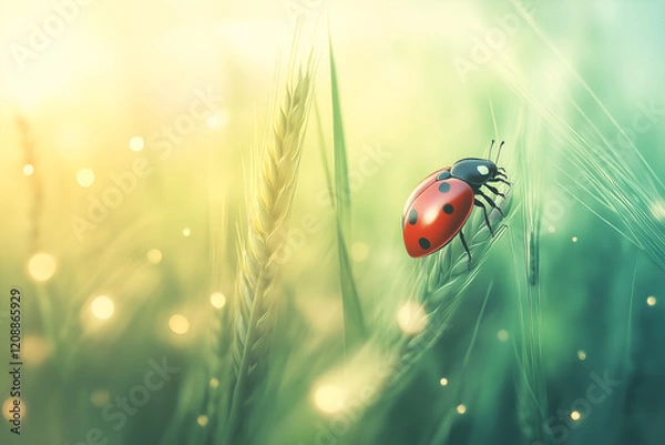 Fototapeta Ladybug on green wheat field, close up.