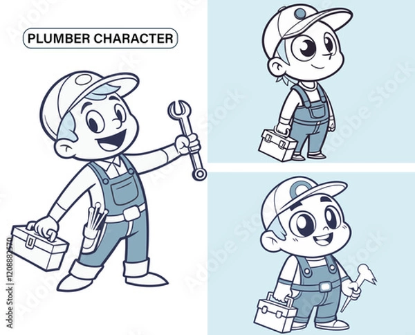 Obraz A cartoon plumber character is holding a toolbox