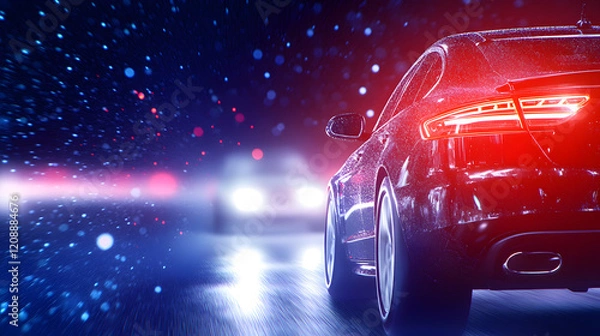 Fototapeta Police car chasing a car at night with a foggy background, capturing a thrilling moment of a high-speed pursuit under dramatic lighting and intense atmosphere.
