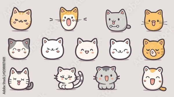 Obraz Adorable Cute Little Cats with Emoticons Kawaii Characters Flat Image