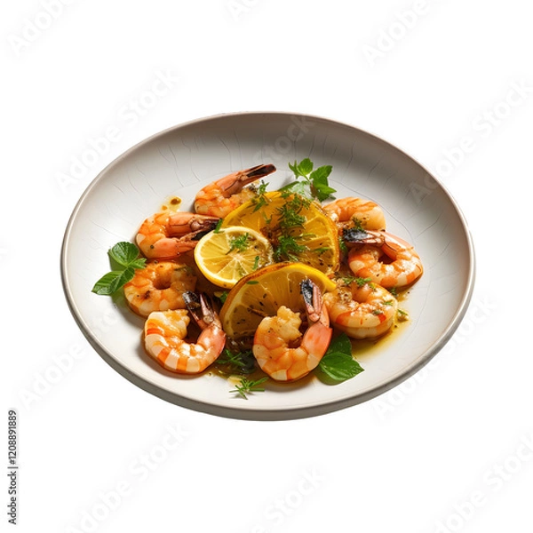 Fototapeta Gambas Al Ajillo presented served in a plate