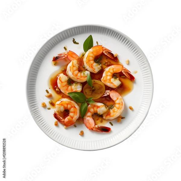 Fototapeta Gambas Al Ajillo presented served in a plate