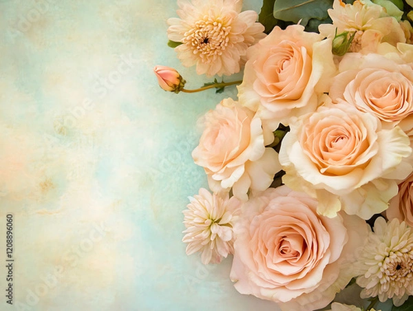 Fototapeta An elegant bouquet of roses and chrysanthemums arranged in a soft, flowing design