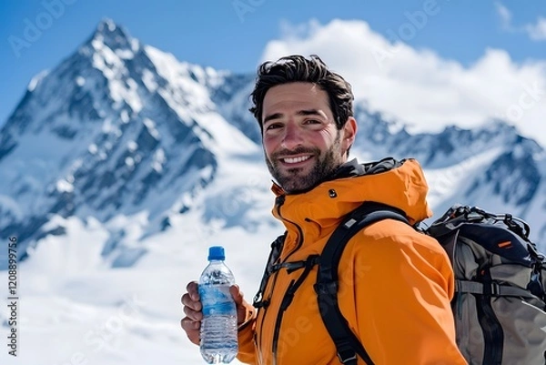 Fototapeta A man in his thirties, wearing skis and holding a water bottle, stands on the snow with mountains behind him
