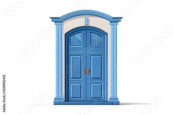 Fototapeta A blue double door with a decorative arch and windows, symbolizing entry and opportunity. isolated on white background