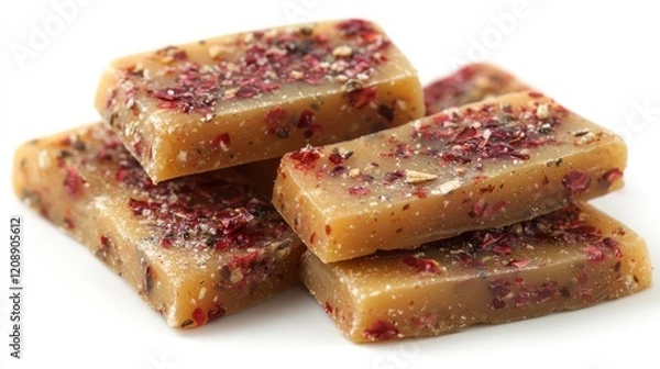 Fototapeta A stack of colorful, textured candy pieces with a mix of herbs or spices on top.