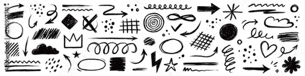 Fototapeta Arrow brush line chalk sketch texture brush vector set. Crayon marker scribble sketch stroke arrow element line brush hand drawn design. Texture abstract chalk, crayon style. Vector illustration