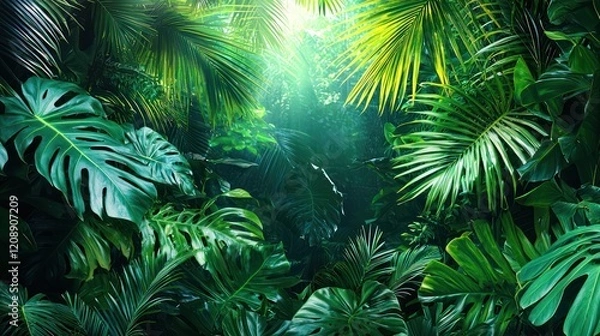 Fototapeta Lush green jungle with dense foliage and sunlight filtering through the leaves.