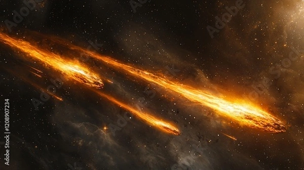 Fototapeta Fiery meteor shower streaks across dark space.