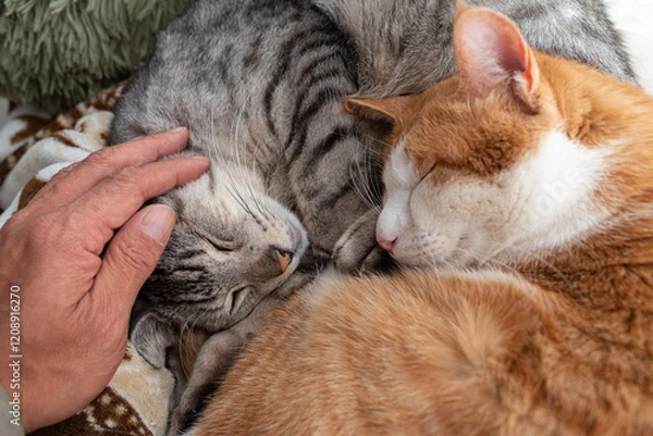 Fototapeta 寝ている二匹の猫を撫で売飼い主