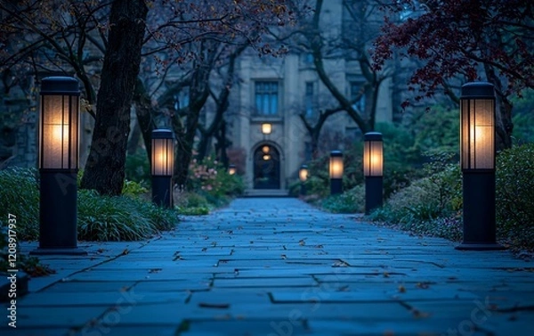 Fototapeta Illuminated pathway leading to a grand building at twilight.