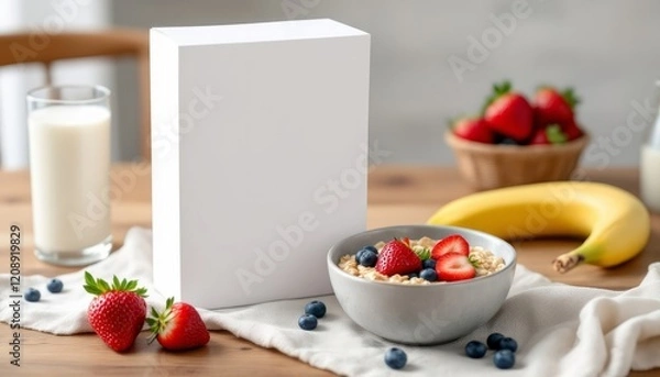 Fototapeta Breakfast Cereal Mockup: A clean and inviting breakfast scene featuring a bowl of oatmeal topped with fresh strawberries and blueberries, milk, banana, and a blank box for branding or product display.