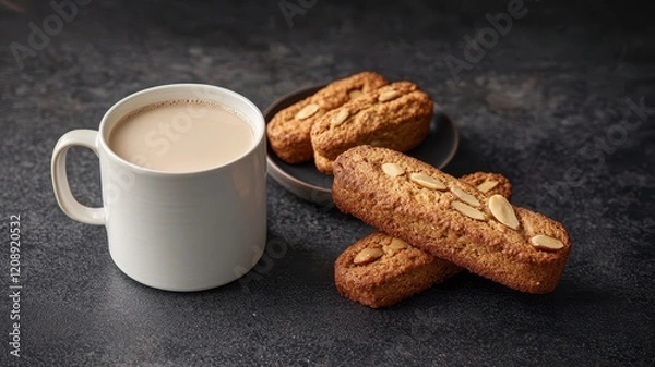Fototapeta A cozy coffee cup next to a plate of golden-brown biscuits, creating a warm and inviting snack scene.