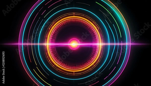 Fototapeta Abstract Retro Sci-Fi Neon bright lens flare colored on black background. Laser show colorful design for banners advertising technologies. Retro style ... See More
