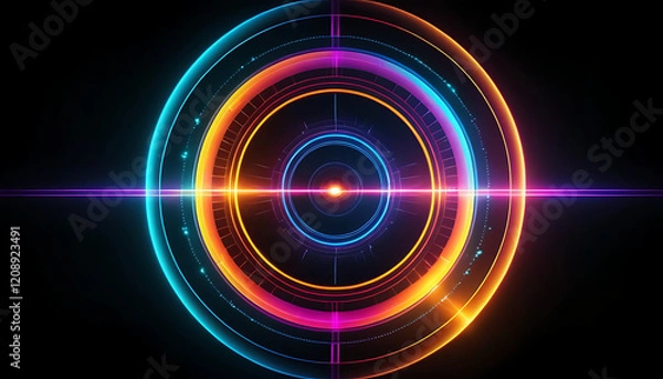 Fototapeta Abstract Retro Sci-Fi Neon bright lens flare colored on black background. Laser show colorful design for banners advertising technologies. Retro style ... See More