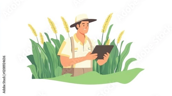 Fototapeta Farmer man in corn field works with computer, Business Farm. Agriculture concept. Farmer with computer tablet in green corn field. Modern digital technologies, Worker works on farm. 