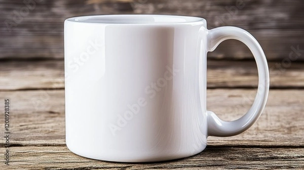Fototapeta Blank white mug on rustic wooden table, ready for design, against blurred wood background.