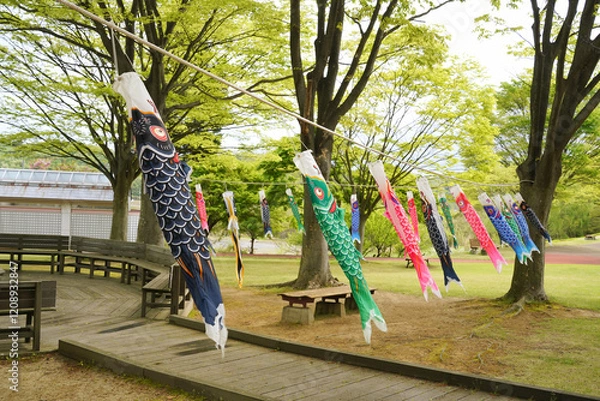 Obraz 公園の木に間に泳ぐ鯉のぼり