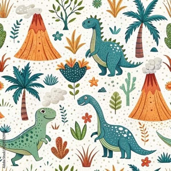 Obraz Adorable Cartoon Dinosaurs Seamless Pattern Prehistoric Jungle with Volcanoes and Tropical Plants