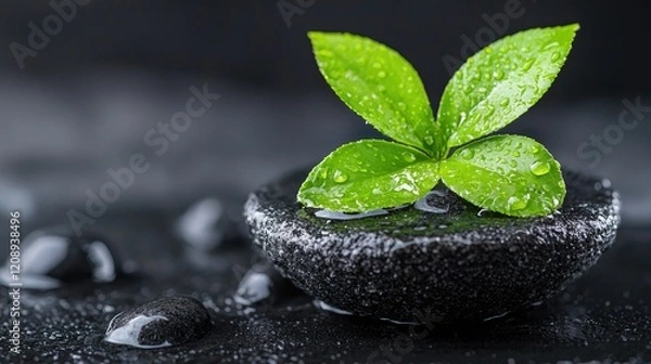 Fototapeta Tranquil spa scene dewy leaves on smooth stones.  Perfect for relaxation and wellness