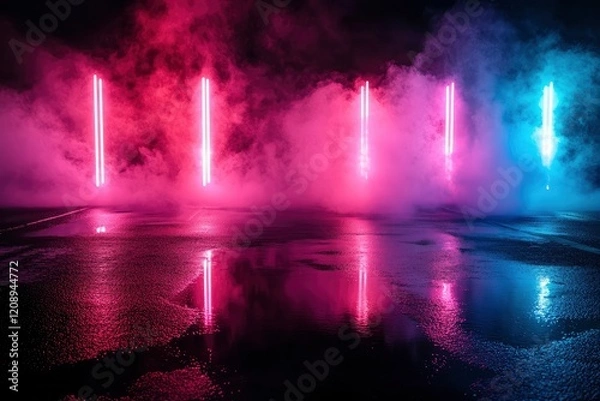 Fototapeta Empty background scene. Dark street reflection on wet asphalt. Rays of neon colorful light in the dark, neon figures, smoke. Background of empty stage show. Abstract dark and neon light background.