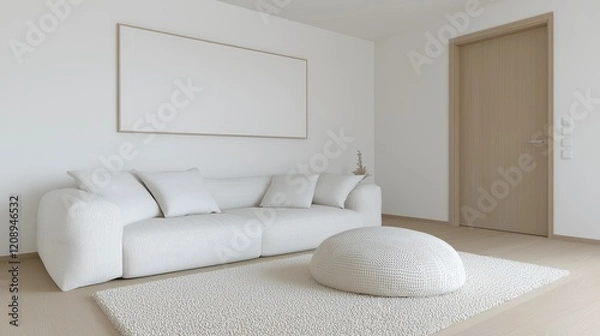 Fototapeta Minimalist living room interior design; white sofa, rug, and artwork; light wood door; calm background; ideal for home decor websites