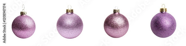 Fototapeta Sparkling purple Christmas ornaments hanging against a plain white background  Elegant festive holiday with a shiny glittery finish