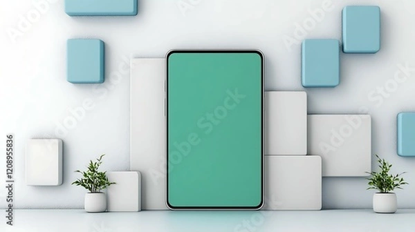 Fototapeta Modern smartphone displayed against a minimalist backdrop featuring geometric shapes and potted plants, emphasizing technology and design. flat art style icon minimalist communication