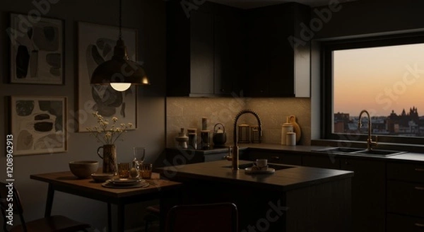 Fototapeta Elegant home kitchen interior with golden tap and stove, empty space 