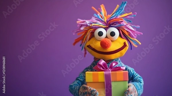 Obraz An pleased cheerful puppets sporting a ribbon adorned package against a purple backdrop