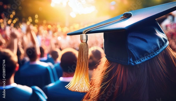 Fototapeta Graduation cap with tassel in focus, celebrating achievement in sunlight