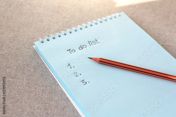 Fototapeta Notebook and pencil with to-do list numbers against a gray background. A to-do list on a blank sheet of paper.