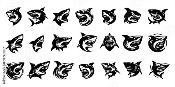 Fototapeta modern and simple shark silhouette logo, negative spaced shark in black color logo icon vector temple, esport wild shark logo icon set