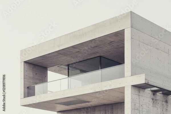 Fototapeta Modern concrete architecture with minimalist design featuring balcony and large glass windows. structure showcases clean lines and contemporary aesthetic