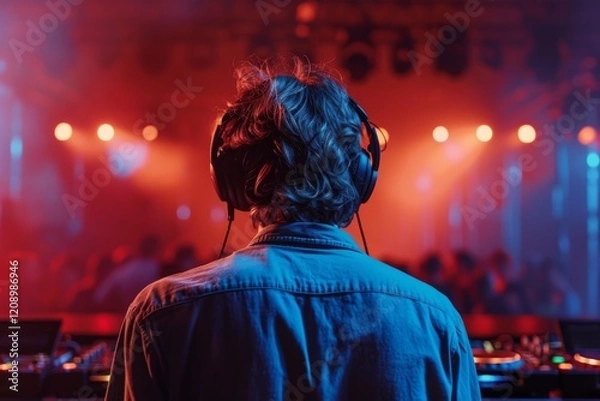 Fototapeta A DJ performs at a lively nightclub while wearing headphones as colorful lights illuminate the vibrant crowd during an exciting nighttime party atmosphere