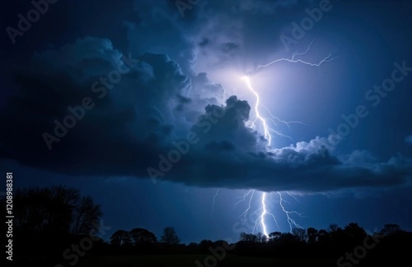 Fototapeta Dramatic nighttime sky shows powerful lightning bolt illuminating dark clouds. Stormy weather scene with dark silhouettes of trees, field below. Intense natural energy. Photo captures dramatic