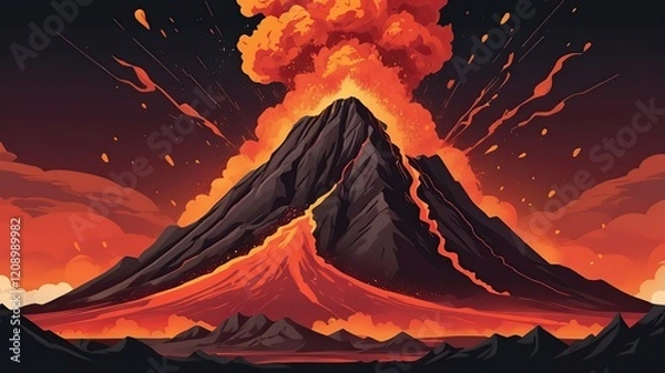Fototapeta Abstract volcanic eruption, dramatic red and orange explosions with dark smoke.