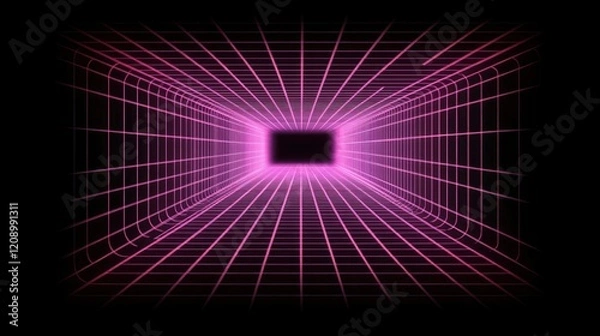 Fototapeta Retro-futuristic style background, reminiscent of 1980s sci-fi movies. The design features a four-dimensional rectangular tunnel with glowing grid lines on all sides that disappear into space.