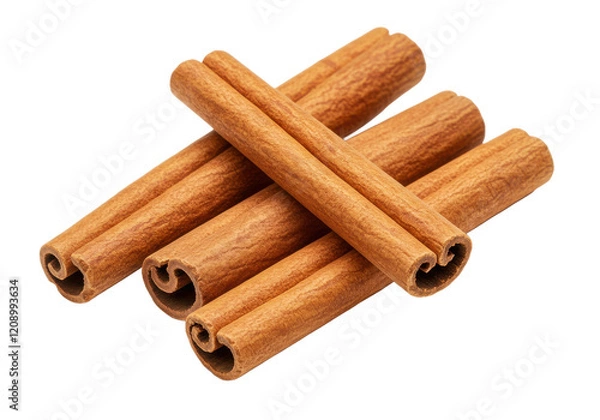 Fototapeta Four aromatic brown cinnamon sticks arranged in a scattered pattern, isolated on a white background