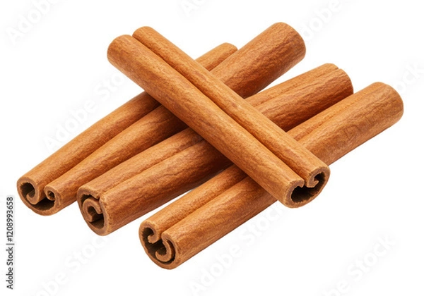 Fototapeta Four aromatic brown cinnamon sticks arranged in a scattered pattern, isolated on a white background