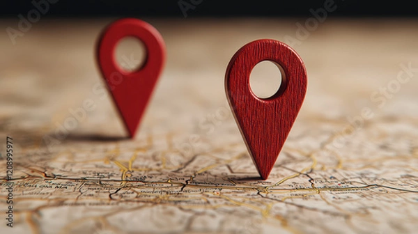 Obraz Red location markers on detailed map, symbolizing navigation and exploration