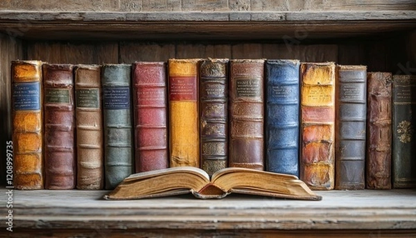 Fototapeta Antique Leather Bound Books Resting On Wooden Shelf