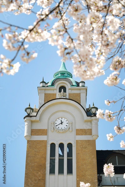 Obraz 福島県郡山市公会堂と桜の花