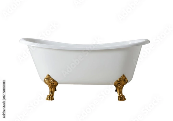 Fototapeta Classic white clawfoot bathtub with ornate golden legs, isolated on a white background