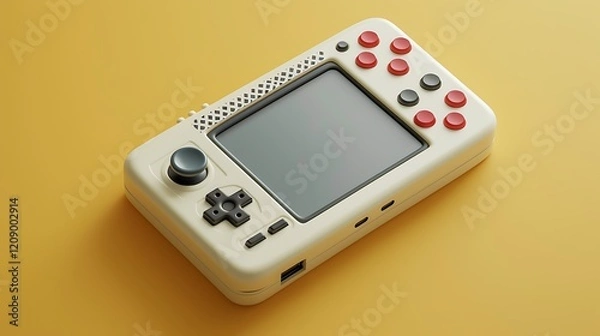 Fototapeta A vintage handheld gaming console with bold buttons and a pixelated screen, isolated on a smooth background.